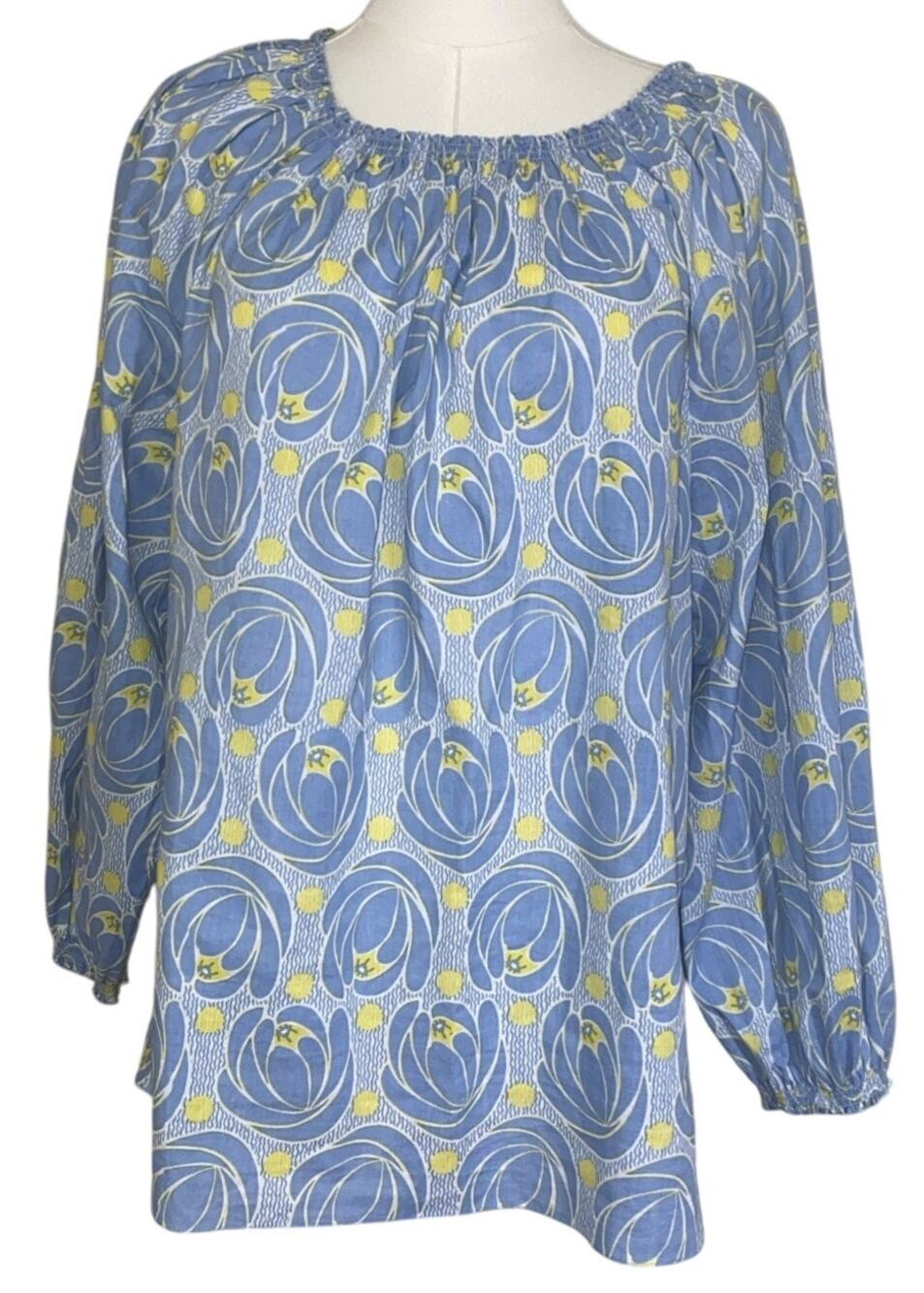 Soler Blue Yellow Long Sleeve Cotton Floral Shirt S/M